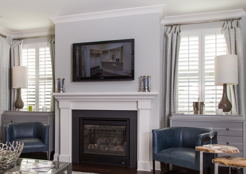 living room Hartford faux wood shutters